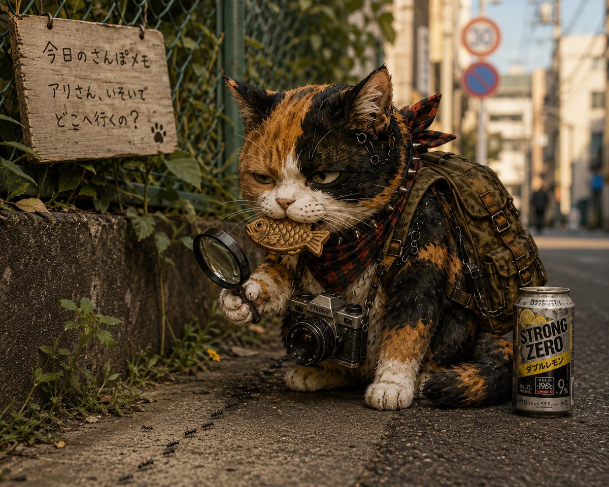 tetora2nd's tweet photo. 散歩中🐜🔍

#パンク旅猫
#ChatGPT
#AI生成 https://t.co/LHHBnrewXk