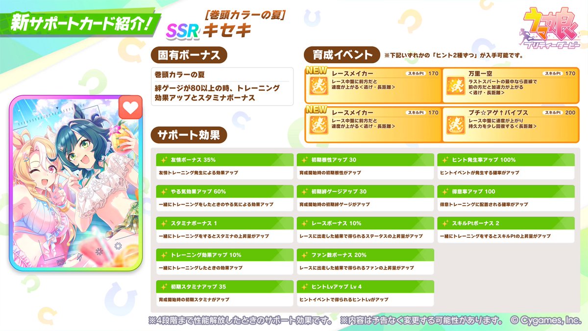 uma_musu's tweet photo. 【新サポートカード紹介】
新たに登場するSSR[巻頭カラーの夏]キセキの情報を一部ご紹介！

詳細は、7/30から開催するガチャ画面右上の[サポートカード詳細]をご確認ください！

#ウマ娘 #ゲームウマ娘 https://t.co/HMYZXd1WZ2