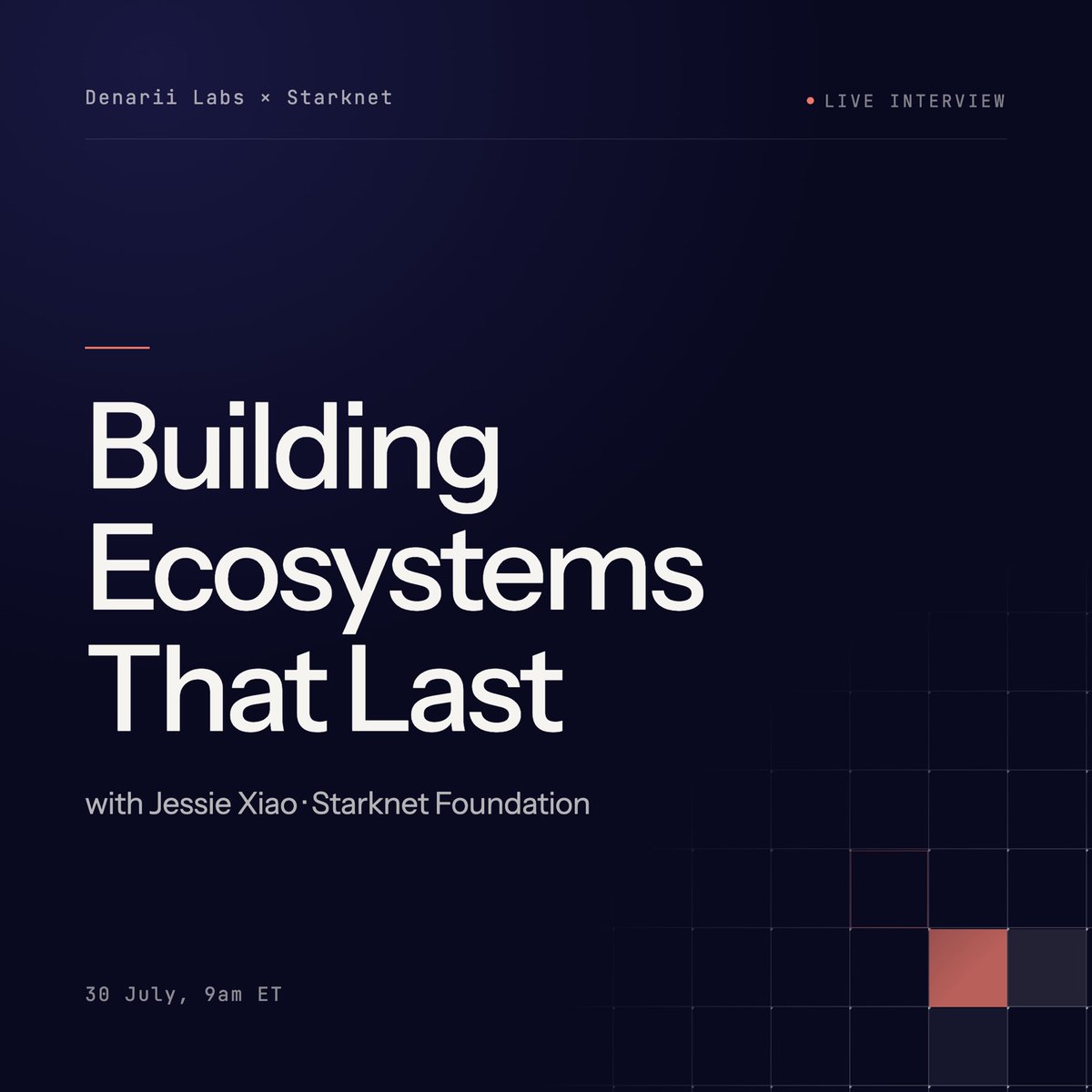 DenariiLabs's tweet photo. Everyone talks about community and developers. But what actually makes an ecosystem take off?

@ana__vc is going live with @Starknet @jessiexiao_eth to discuss:

+ building ecosystems through the bull & bear
+ working with investors and how founders should navigate the current environment
+ the latest with @Starknet strk20, what she wants to see more of

Tune in with us live on X on Thursday, 30 July at 9am ET / 2pm UK / 3pm CET