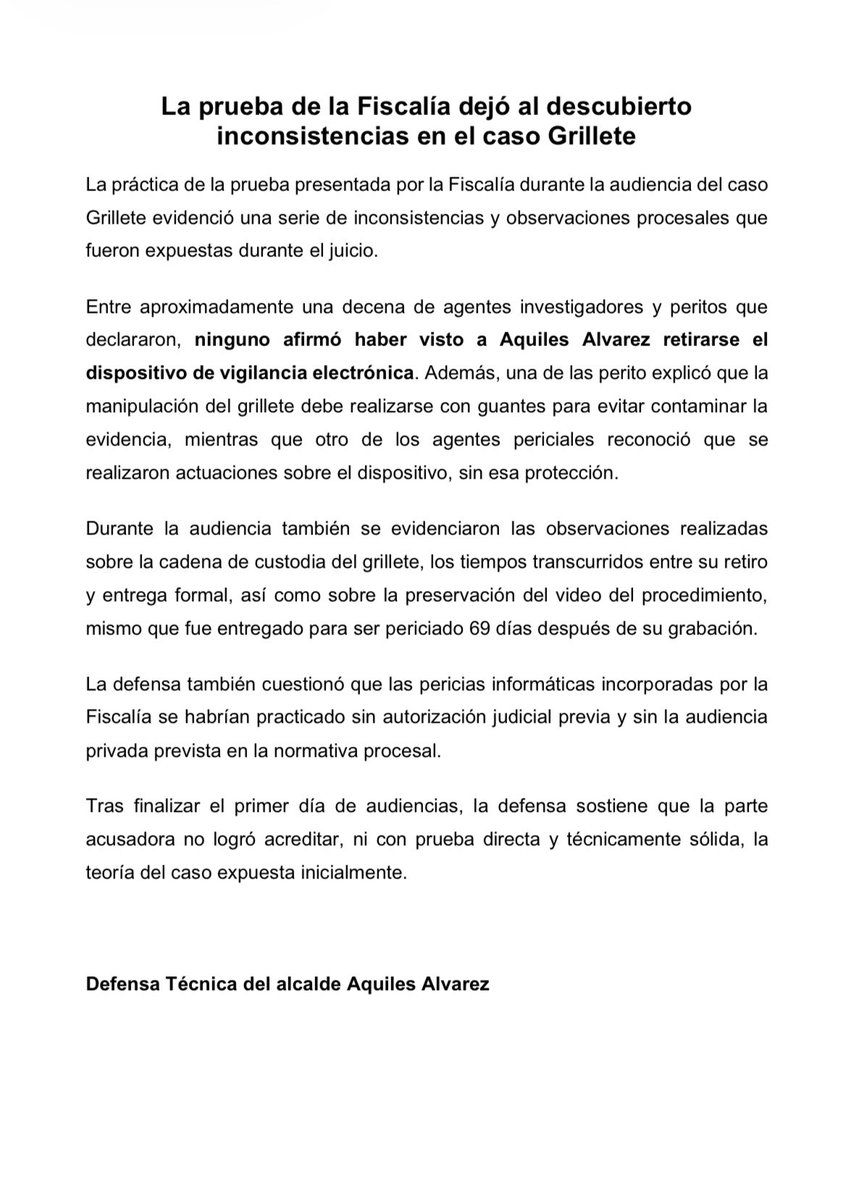 Aquileslibreya's tweet photo. 🚨BOLETÍN DE PRENSA🚨

Primer día de la audiencia de juzgamiento del Caso Grillete del alcalde Aquiles Alvarez. 

Mañana jueves 30 de julio se reanudará la audiencia pública, a las 14h00. https://t.co/wSskh7Drin