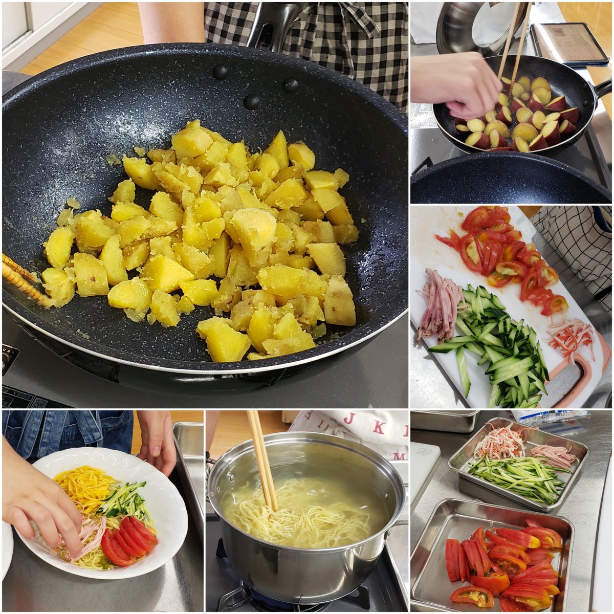 NtCooking's tweet photo. 7/28
冷やし中華
揚げない大学芋

午後にミーティングがあったので、比較的簡単かつ切り方のお勉強の献立にしました🔪

トマトを切るのも柔らかく…
錦糸卵を焼くのもなかなか難しい💦

仕上がった彩りを見たらキラキラ✨している感じで良かったです。 https://t.co/QTJn8YCVw3