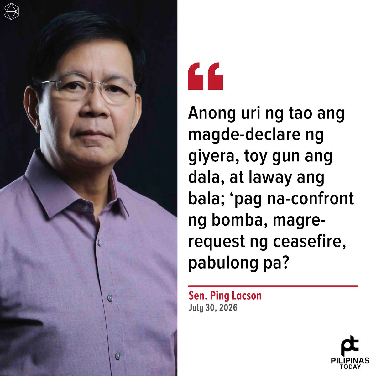 PilipinasToday_'s tweet photo. ‘CEASEFIRE MY FOOT!’

Nagpasaring si Sen. Panfilo “Ping” Lacson tungkol sa isang indibiduwal na humirit umano ng ceasefire ngunit pabulong.

#PilipinasToday
#PingLacson https://t.co/4ppuyzYSdh