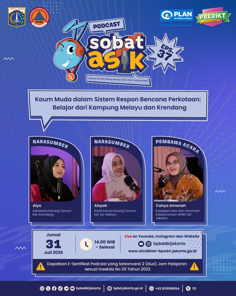 BPBDJakarta's tweet photo. Halo Sobat Tangguh!!👋🏻👋🏻

Saksikan Podcast SOBAT ASIK (Sarana Obrolan Bareng tentang Serba-Serbi Kebencanaan) Eps. 37 dengan tema “Kaum Muda dalam Sistem Respon Bencana Perkotaan : Belajar dari Kampung Melayu dan Krendang” https://t.co/4slZy0vjJC