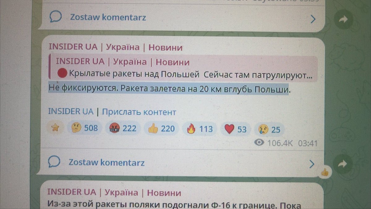 _janda21's tweet photo. @LukaszBok Ukraiński telegram - Insider UA o 3:41 podał, że rakieta wleciała 20km w głąb Polski. https://t.co/7gnn0RcHfm