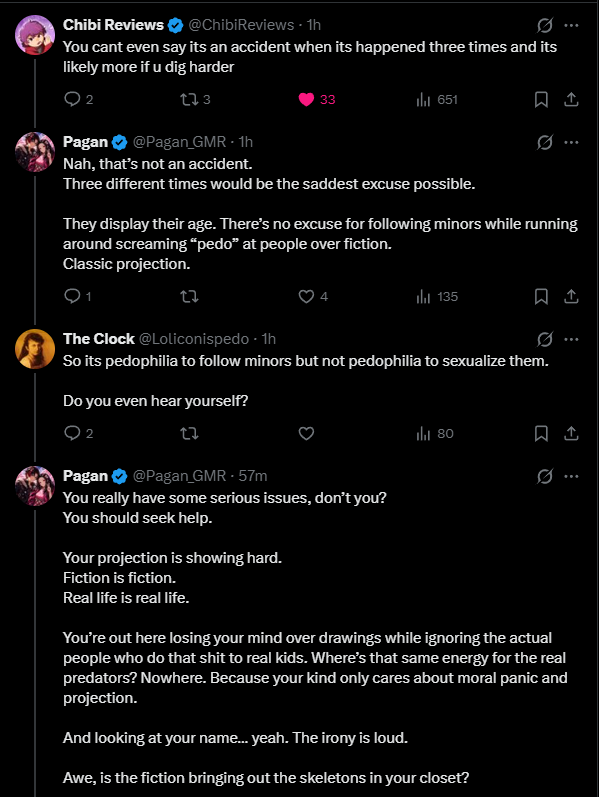 Pagan_GMR's tweet photo. Guy comes in swinging at ChibiReviews with the weakest gotchas imaginable, moving the goalposts every single reply because he can’t stay on the actual subject.

Fiction vs reality.

Someone who screams “pedo” at people over drawings… while following actual minors.

Then the most brain-dead part drops:

“He has to follow minors to catch predators.”

No.
That’s not how it works.
That’s how super predators operate. Plenty of real cases prove it.

These people will twist themselves into pretzels defending weird real-life behavior while losing their minds over fiction.

Fiction never hurt anyone.
People do.