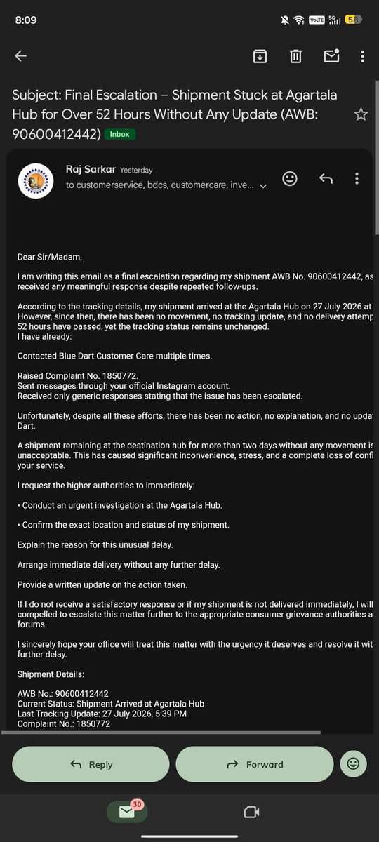 sarkar65898's tweet photo. @BlueDartCares  My shipment was supposed to be delivered before 27 July, there has been no tracking update for the last 3 days. Multiple emails and complaints only received generic template replies. If this isn't resolved immediately, I'll escalate to the Consumer Commission. https://t.co/lbmN4TLVC1