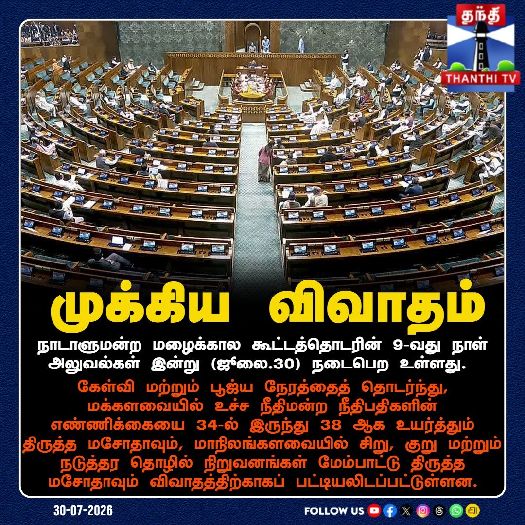 ThanthiTV's tweet photo. நாடாளுமன்ற மழைக்கால கூட்டத்தொடரின் 9-வது நாள் அலுவல்கள் இன்று (ஜூலை.30) நடைபெற உள்ளது.
#ParliamentSession #MonsoonSession #SupremeCourt #MSMEBill #LokSabha #RajyaSabha #ThanthiTV https://t.co/3TB7ACXXww