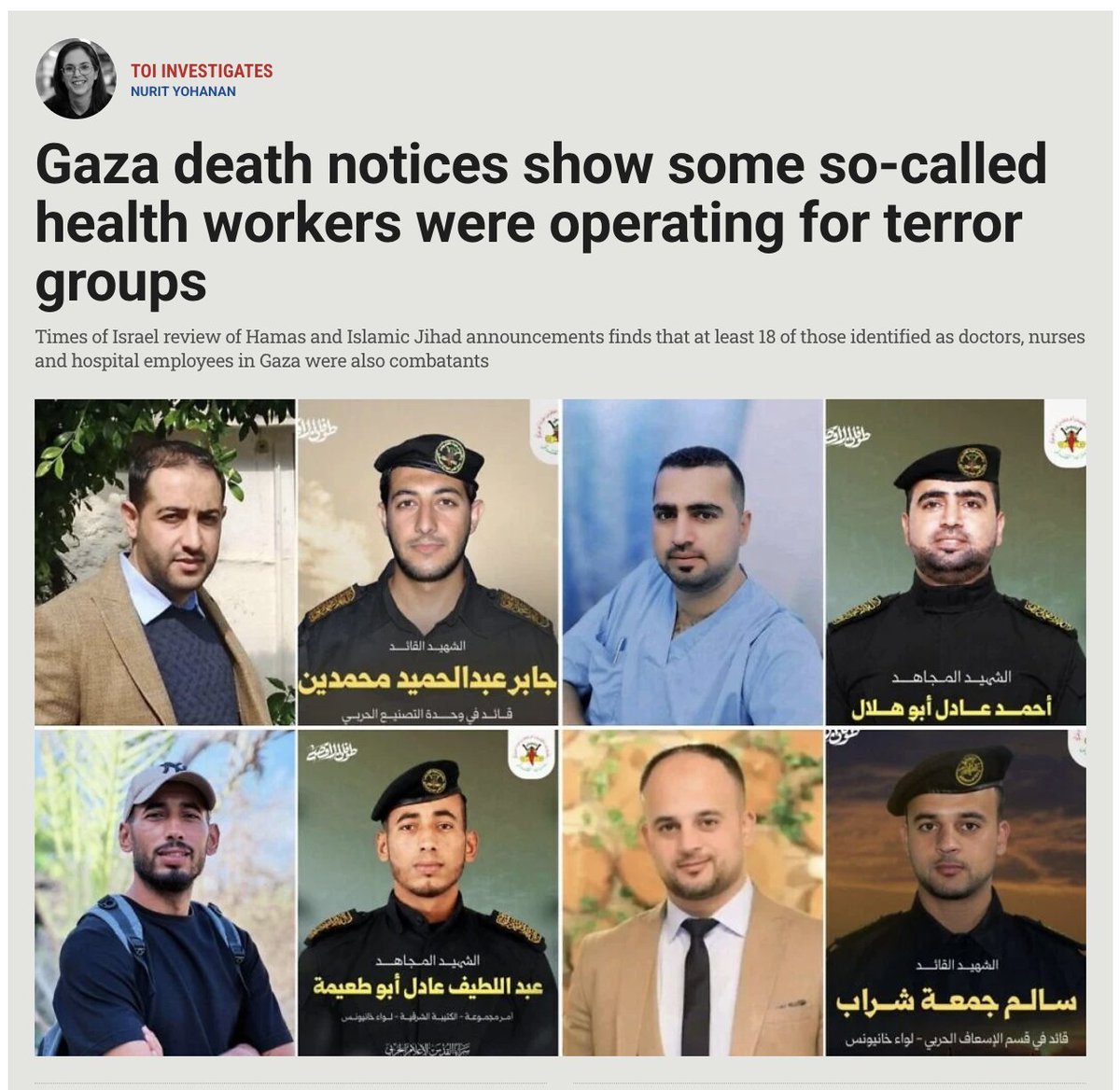 EYakoby's tweet photo. BREAKING: At least 18 of the identified doctors, nurses, and hospital employees in Gaza who the media has been touting nonstop as being killed by Israel were all active members of Hamas and Palestinian Islamic Jihad.

Never been less surprised in my life. https://t.co/OSkSnBv2av