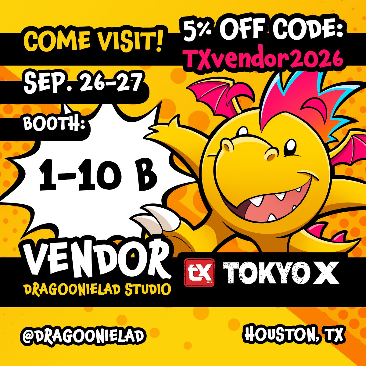 DragoonieLad's tweet photo. Hello @Tokyox_usa attendees! I’ll be a vendor at the awesome Tokyo X this year! Also, if you haven’t gotten your tickets, here’s a code from me as a vendor where you can save 5% OFF! TXvendor2026
Thank you so much @Tokyox_usa !
#tokyox #houstonevents #nrgcenter #japanfest https://t.co/5OR9Bvbtb9