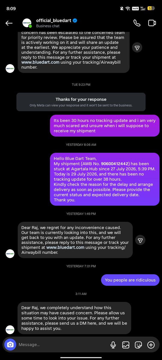 sarkar65898's tweet photo. @BlueDartCares  My shipment was supposed to be delivered before 27 July, there has been no tracking update for the last 3 days. Multiple emails and complaints only received generic template replies. If this isn't resolved immediately, I'll escalate to the Consumer Commission. https://t.co/lbmN4TLVC1