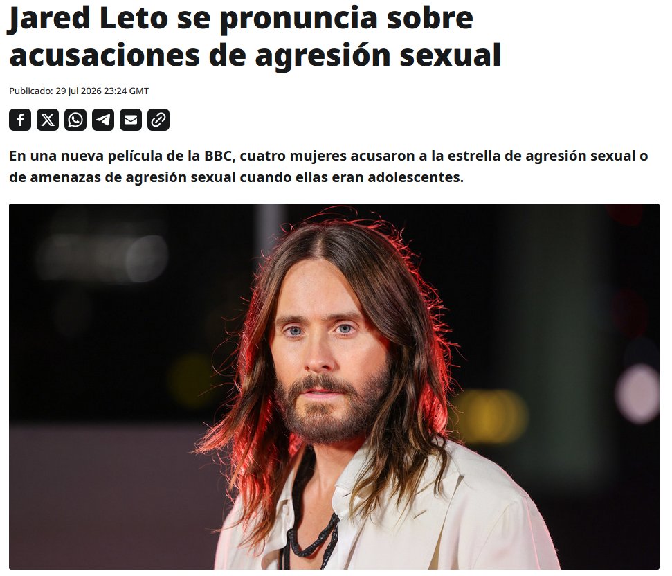 ActualidadRT's tweet photo. 🗣 El actor y músico estadounidense Jared Leto, de 54 años, rechazó de forma contundente las acusaciones de agresión sexual presentadas en su contra y aseguró que nunca ha cometido ese tipo de actos. https://t.co/tUduSjKu2c