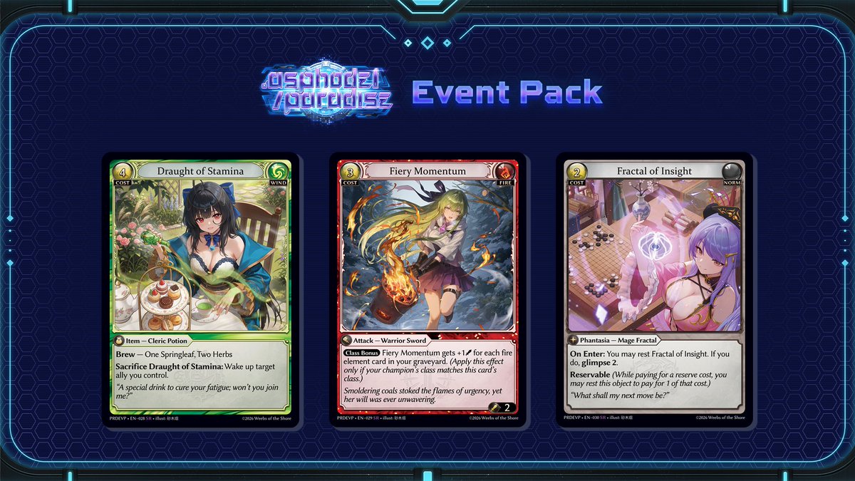 grandarchivetcg's tweet photo. Discover the card list for the .asphodel/paradise Event Packs, featuring SRs with new artwork of fan favorite Champions! https://t.co/ZaLfzdcP6J
