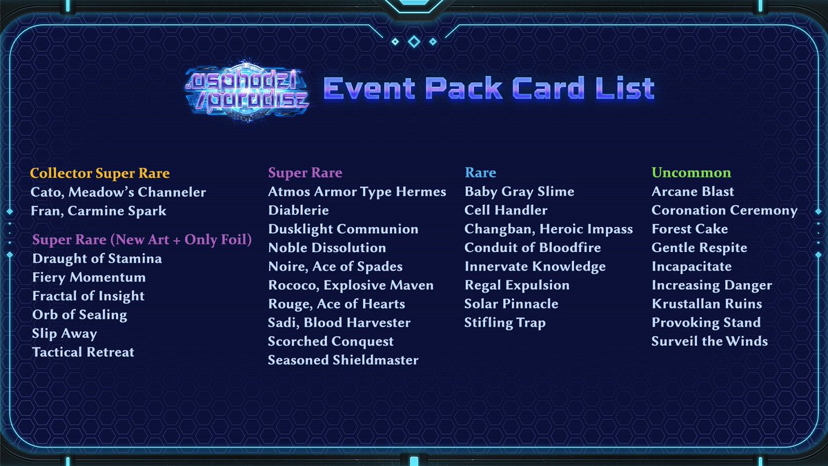 grandarchivetcg's tweet photo. Discover the card list for the .asphodel/paradise Event Packs, featuring SRs with new artwork of fan favorite Champions! https://t.co/ZaLfzdcP6J