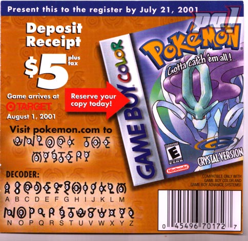 AaahPokemon's tweet photo. In celebration of the 25th anniversary of Pokémon Crystal, be sure to use this preorder ticket to get your copy of Crystal at any @Target store for $29.99 (plus tax). You should be able to preorder it by July 21st 2001, so don't delay! #pokemon #pokemoncrystal https://t.co/paBZR4HtLm
