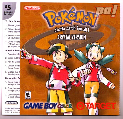 AaahPokemon's tweet photo. In celebration of the 25th anniversary of Pokémon Crystal, be sure to use this preorder ticket to get your copy of Crystal at any @Target store for $29.99 (plus tax). You should be able to preorder it by July 21st 2001, so don't delay! #pokemon #pokemoncrystal https://t.co/paBZR4HtLm