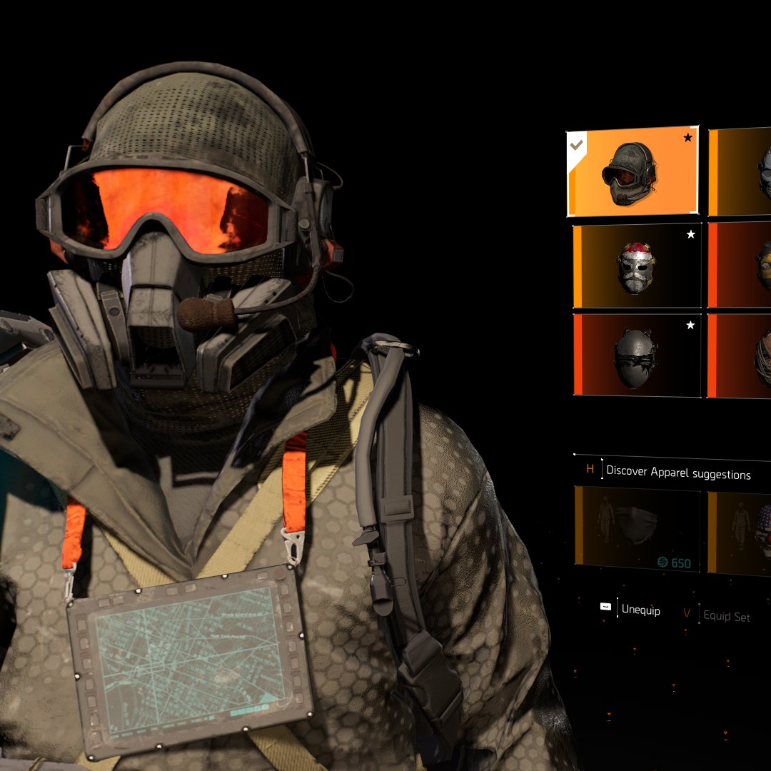 LividFray's tweet photo. I'm absolutely loving the cosmetics from the event, you guys killed it! We discovered that the Parched Headgear allows respirators to be worn with them but only for male characters. Is there any chance you guys could look into allowing that on female characters too? This also seems to only work on the recolors and not the original mask. 🥲 #TheDivision2 @TheDivisionGame @Palle_Hoffstein