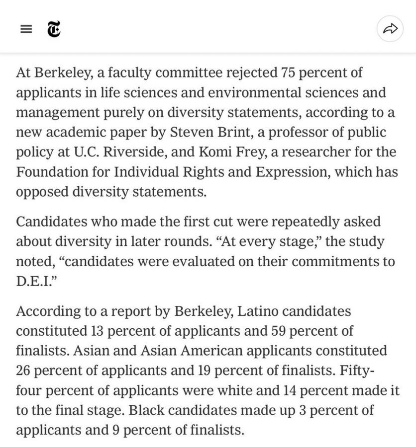 data_depot's tweet photo. A  2023 report on UC Berkeley faculty searches found that 75% of applicants were rejected “purely on diversity statements.”

At every stage, candidates were evaluated on their DEI commitments. 

The result? While 54% of applicants were white, only 14% of finalists were. https://t.co/UVkwFml4t1