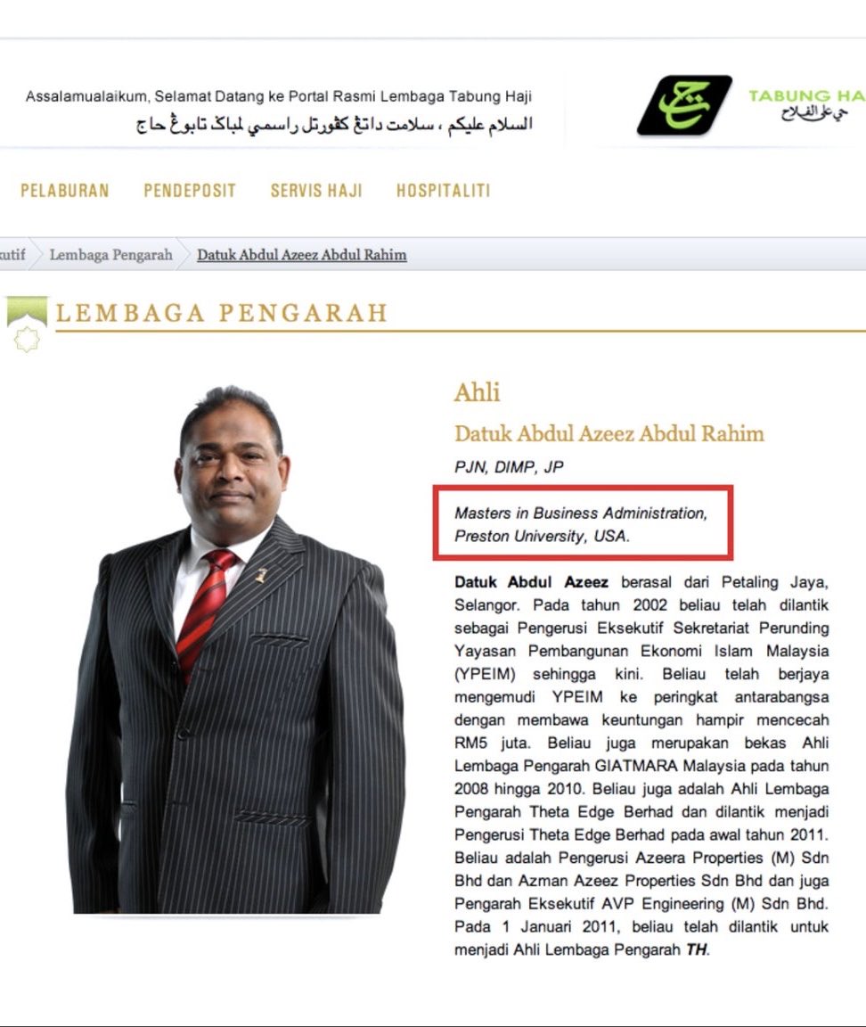 Aisehman's tweet photo. SKANDAL TABUNG HAJI

20 tahun dulu, aku dah highlight Azeez Putar Alam guna MBA cap ayam. Dia mati-mati tak mengaku, dia kata Preston is “one of the oldest universities in the world”. Satu dunia tergelak.

UMNO defend dia. Masa tu UMNO power, Abang Long Tanah Melayu. Aku reporter cabuk, curi-curi tulis blog.

Azeez dari penjual kereta terpakai, jadi pemimpin Putera UMNO MBA cap ayam, jadi Pengerusi Tabung Haji. Tanpa UMNO, siapalah Azeez.

Namun, urusan diserahkan kepada orang yang bukan ahlinya, maka kiamat kecil diturunkan keatas UMNO dan Tabung Haji.