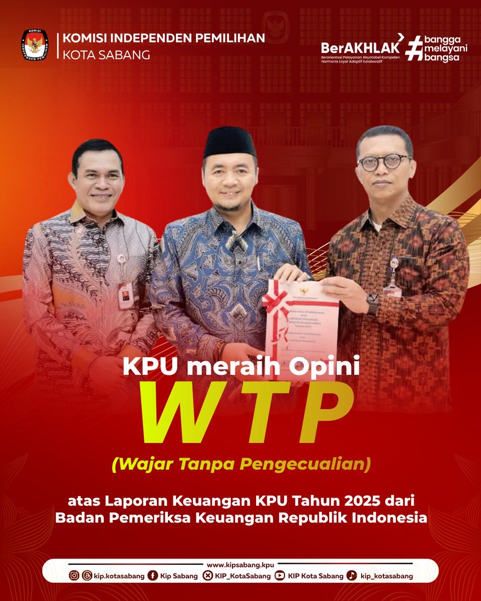 KIP_KotaSabang's tweet photo. #TemanPemilih Opini WTP merupakan wujud komitmen terhadap pengelolaan keuangan yang transparan, akuntabel, dan berintegritas. Selamat kepada KPU atas capaian ini.

#KIPSabang
#KIPAceh
#KPUMelayani https://t.co/SrtjdlIfPK