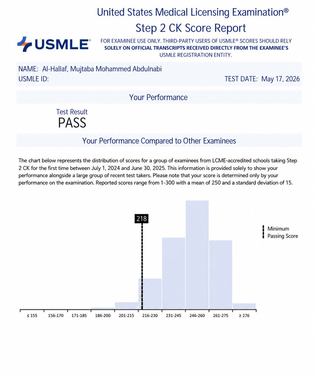mujtabaalhallaf's tweet photo. Done with the biggest milestones and ready for the next chapter. Here's to Match 2027. 💙 #USMLE #Step1 #Step2CK #Match2027 https://t.co/xRkv7rYznT