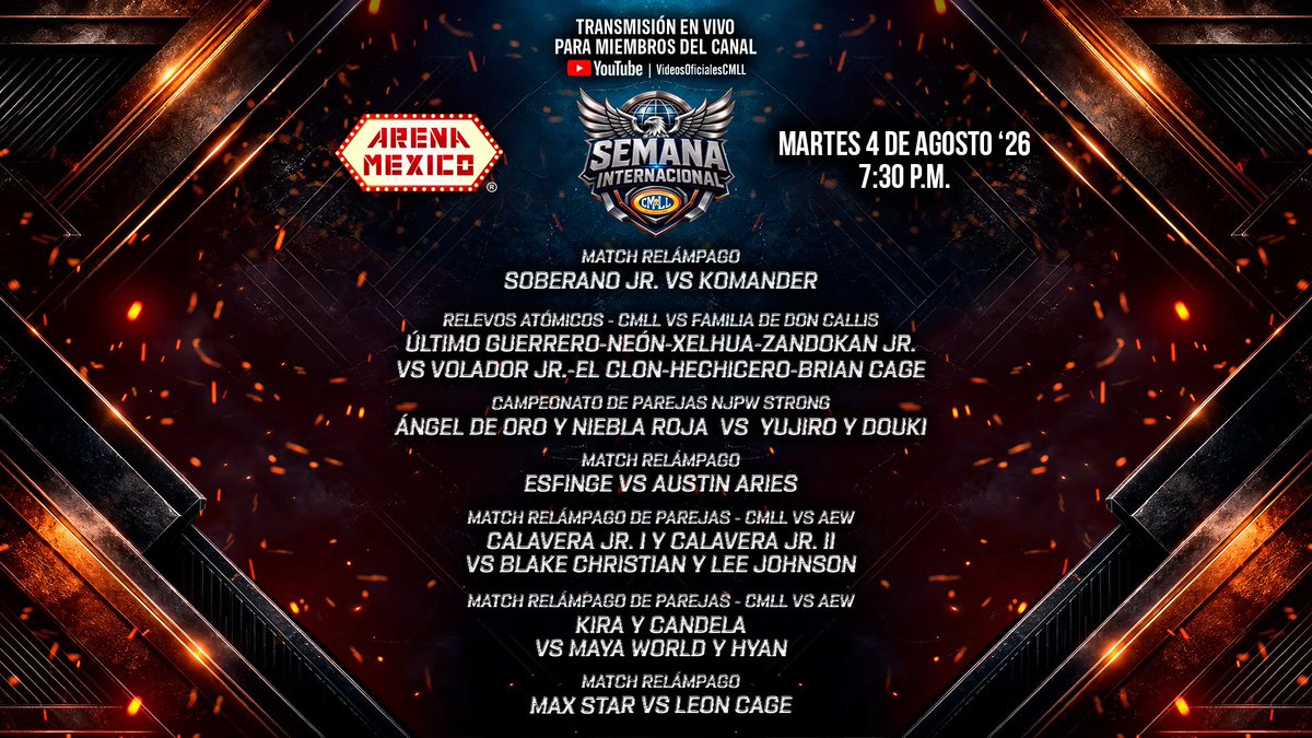 luchablog's tweet photo. CMLL 08/04 Martes Lineup 
Max Star vs Leon Cage
Kira &amp; Candela vs Maya World &amp; Hyan
Calaveras vs the Swirl
Chavez vs Youjiro &amp; Douki [NJPW STRONG TAG]
UG, Neon, Xelhua, Zandokan vs Volador, Clon, Hechicero, Brian Cage
Soberao vs Komander https://t.co/6Z6vhgoId1