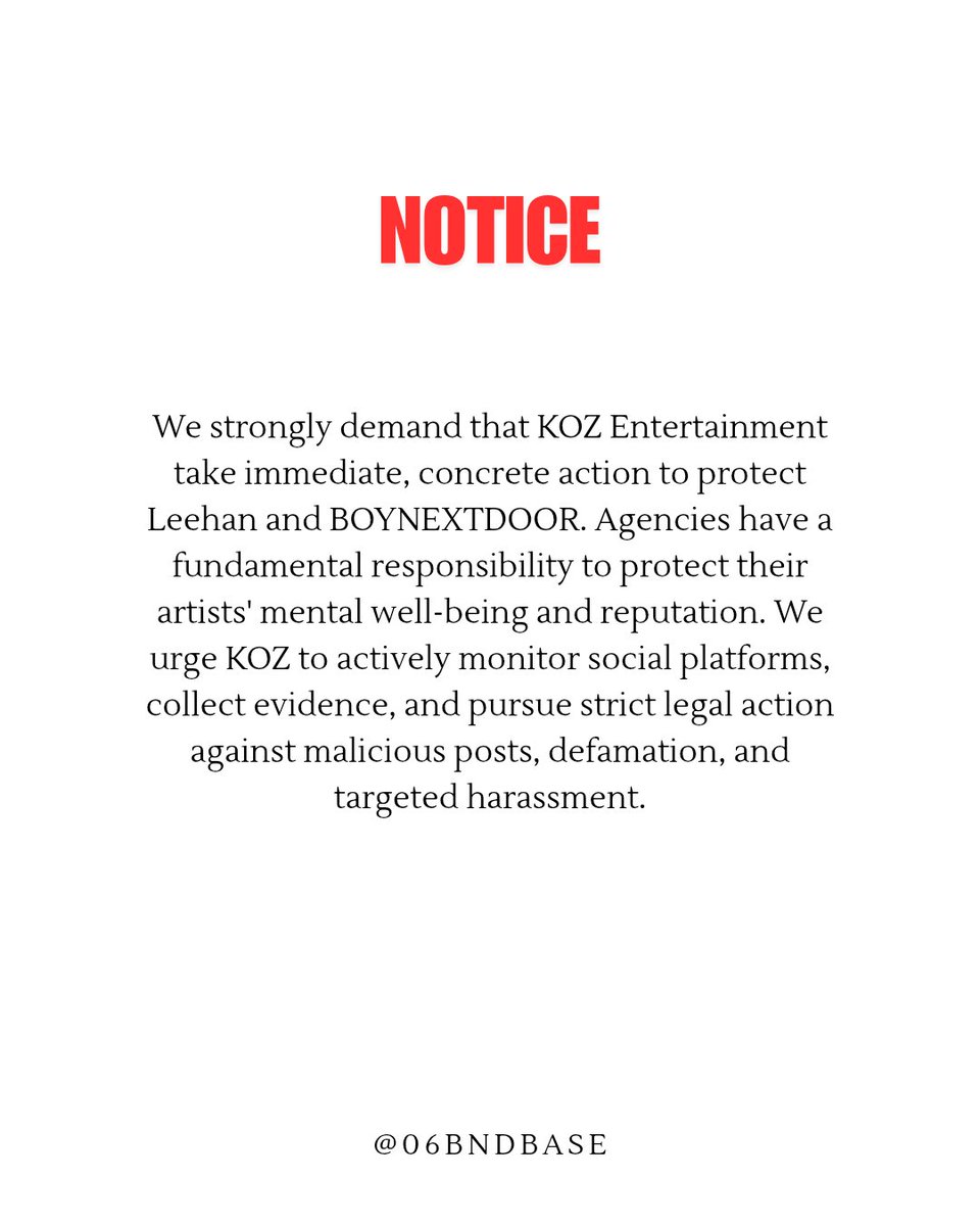 06BNDBASE's tweet photo. We strongly demand that @KOZ_Entofficial take immediate, concrete action to protect Leehan and BOYNEXTDOOR. https://t.co/n1SRdL9in4