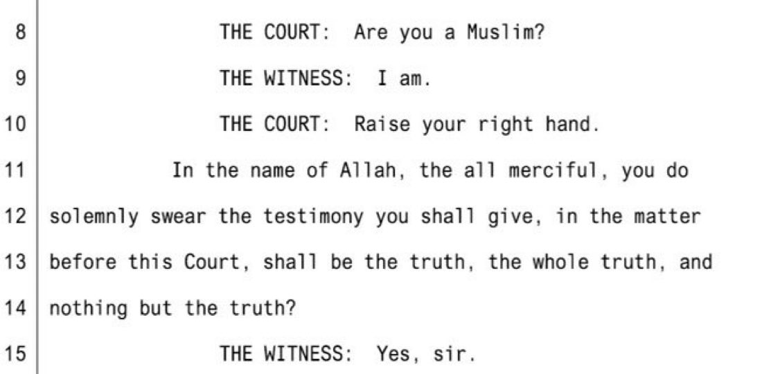 AlexDuncanTX's tweet photo. This is absolutely insane! This should make every American sick! A witness was sworn in, in a Texas court “in the name of Allah.” This Islamic pandering must stop and we must eradicate Islam at all costs! https://t.co/PhJcQU3DsA