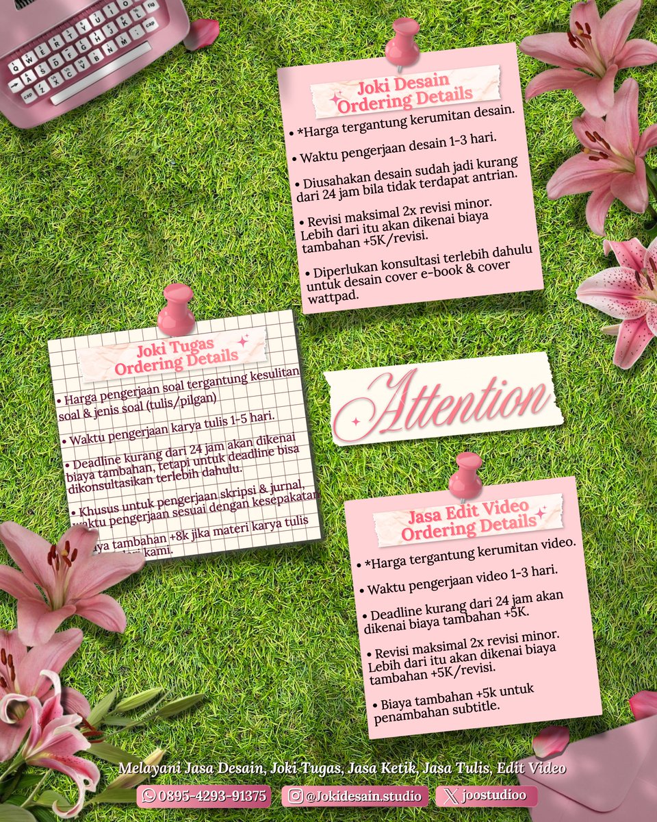 joostudioo's tweet photo. Tugas numpuk dan deadline makin mepet? relax, we can help! 🙌

melayani joki tugas, jasa desain, jasa ketik, jasa tulis, dan edit video💗

order here👉  https://t.co/Rro1d3OThI

instagram: @jokidesain.studio
x: @joostudioo
whatsapp: 0895-4293-91375

#jokitugas #joki #jokidesain https://t.co/OXxsNPJ8qP