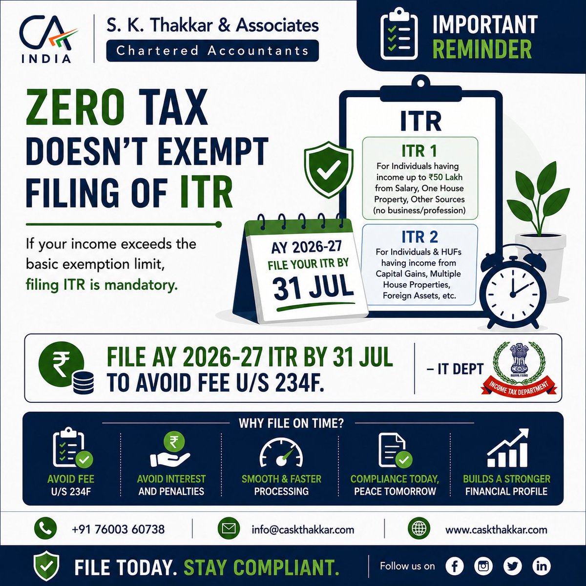thakkarsagar's tweet photo. No tax liability ≠ No ITR filing.
Even if your tax payable is ₹0, you may still be required to file your Income Tax Return depending on the applicable provisions of the Income-tax Act.
Don't assume—check your ITR filing requirement before the due date.
#ITR #IncomeTax https://t.co/h45KoeYyC7