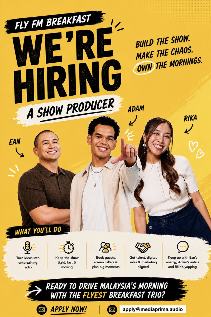 FlyFM958's tweet photo. Ever watched Fly FM Breakfast and thought, “I need to be in that room”? 👀
If you can turn viral stories into unforgettable on-air moments, skits, and content people can’t stop sharing, we want to hear from you.
📩 https://t.co/tMpp9vmltl
#Flyfm https://t.co/s7tbSGPTKm
