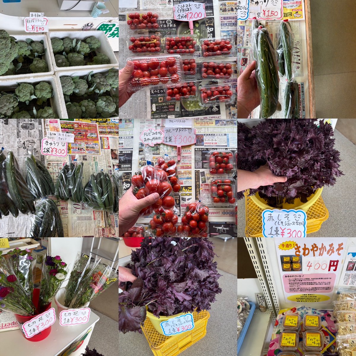 ryo4503's tweet photo. ゆうゆう野菜直売所営業中です
＼( ´･ω･`)┐🥒🧄🥦🍅
写真は正午現在販売している
野菜です
お待ちしてます
#湧別
#野菜
#切り花
朝採り
#きゅうり
#ミニトマト
シソジュースに
#赤紫蘇
#紫玉ねぎ
#長葱
#にんにく
#キャベツ https://t.co/V4KJ6o3Vdn