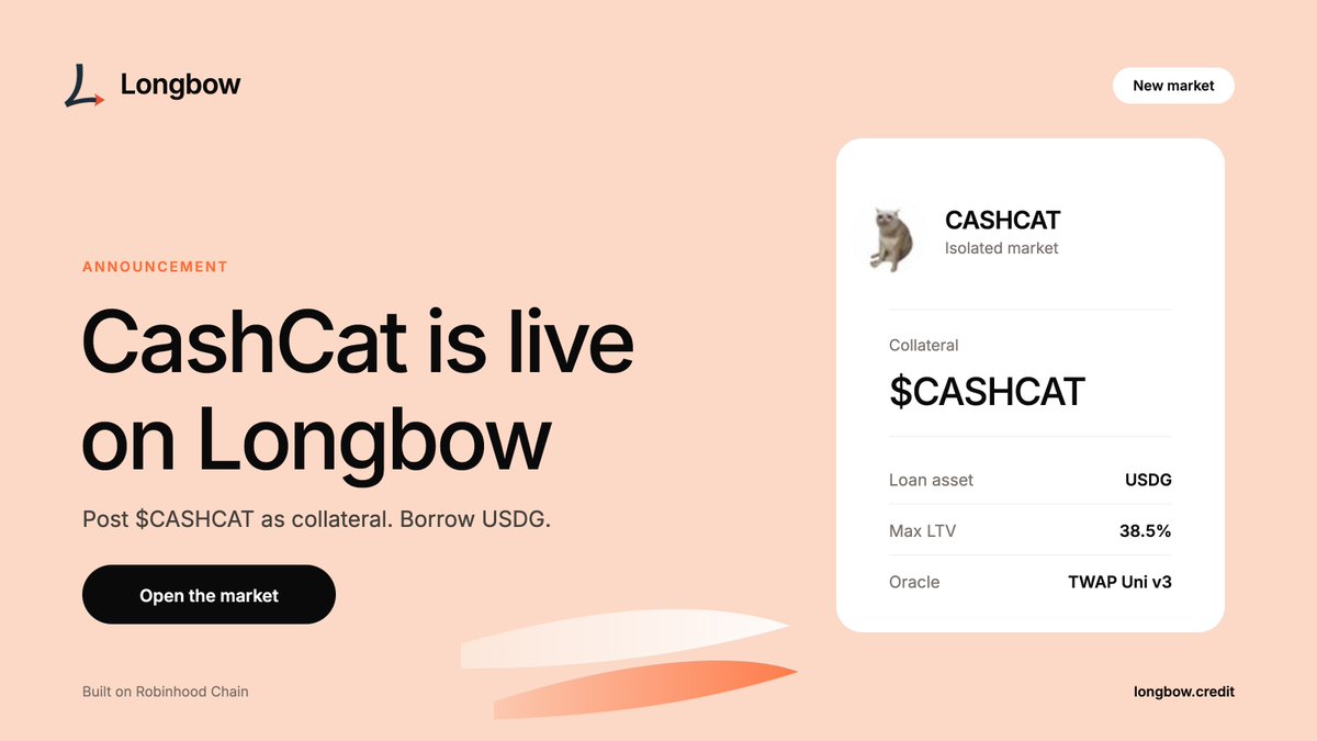 longbowlend's tweet photo. New market live on Longbow: cash-cat:native / USDG.

Post cash-cat:native as collateral and borrow USDG against it, or supply USDG to earn. 

Curated parameters:
Max LTV - 38.5%
Oracle - Uniswap v3 TWAP, trustless 

Long-tail collateral, underwritten with the same rigor as the rest of the book.