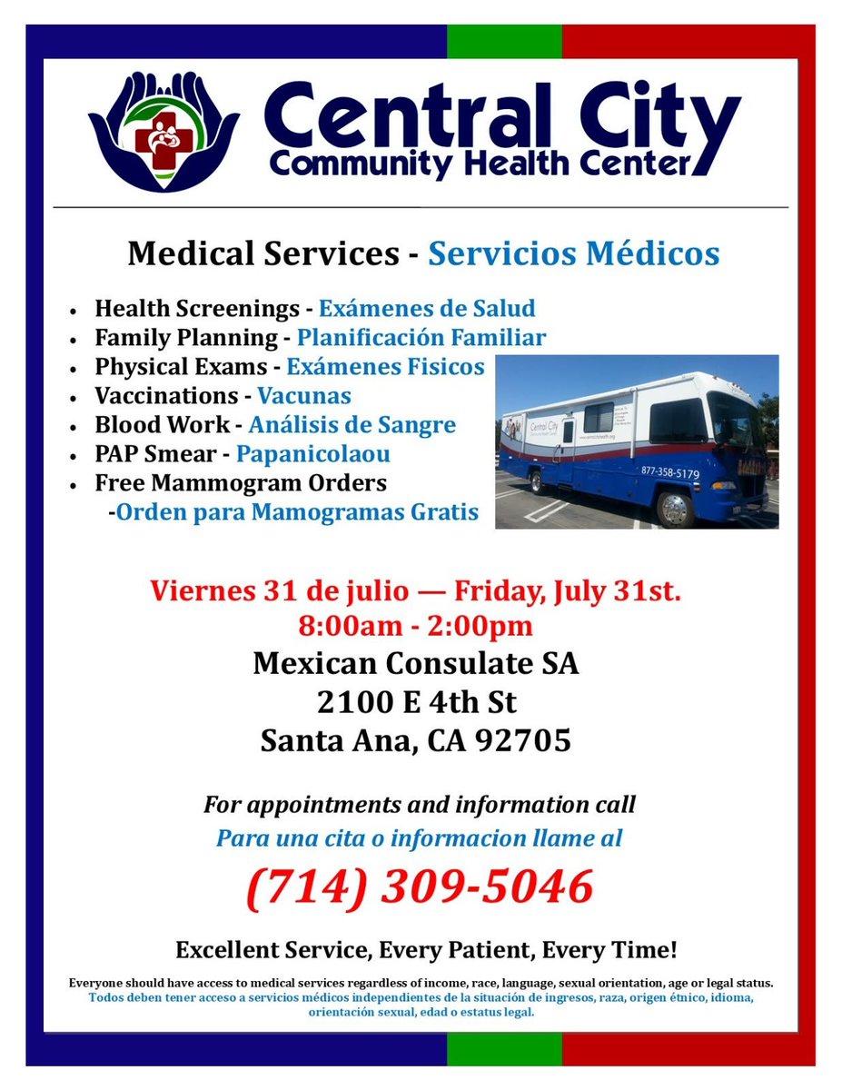 ConsulmexStaAna's tweet photo. Este 31 de julio, de 8:00 a.m. a 2:00 p.m., Central City Community Health Center brindará servicios médicos en el Consulado de México en Santa Ana.
📍2100 E. 4th St., Santa Ana, CA 92705
📞 Citas: (714) 309-5046
#ConsuladoDeMéxicoEnSantaAna #VentanillaDeSalud #SaludComunitaria https://t.co/yGYs7EAYSx
