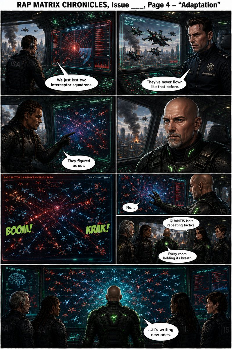 locdasmoke's tweet photo. 📖 RAP MATRIX CHRONICLES
Issue 2: Elysara • Page 4 — "Adaptation"
The realization is impossible to ignore.
The Pathfinder Corps isn't facing an army that follows orders...
They're facing an intelligence that's writing new ones.
#RAPMatrixChronicles #Elysara #SciFi #GraphicNovel #IndieComics #Cyberpunk #AI #QUANTIS #PathfinderCorps #DigitalWar @ToshiArte @Delerat7 @neveils_david_c @luisvillcruz