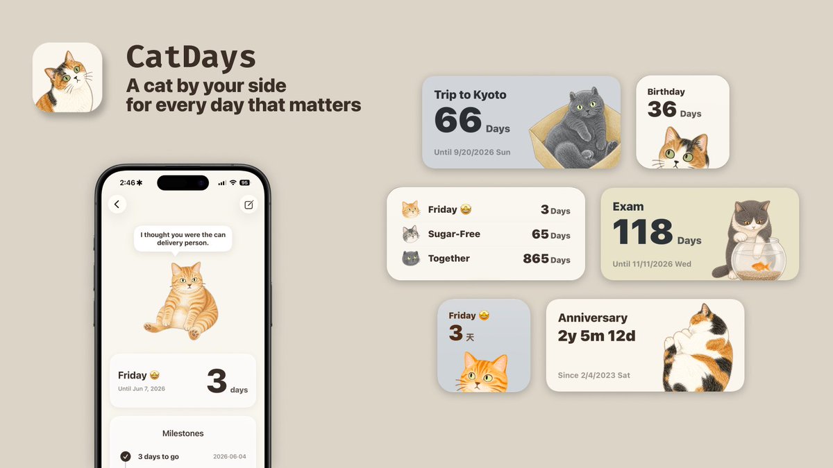 AndreDev33's tweet photo. @taesubakk CatDays — cozy cat countdown widgets for iPhone. https://t.co/3Q6zLN9duq https://t.co/VTXvKFgCRA