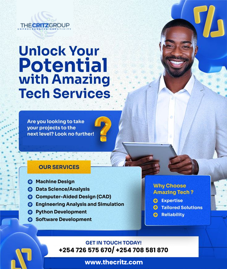 thecritzgroup's tweet photo. Let’s build something great together.
Call/WhatsApp: +254 726 575 670 | +254 708 581 870
Visit: https://t.co/qu5o0usBpX
#TheCritzGroup #TechServices #SoftwareDevelopment #PythonDevelopment #DataAnalysis #EngineeringDesign #MachineDesign #TechKenya #NairobiTech #InnovateWithUs https://t.co/MZaDrdWFzn
