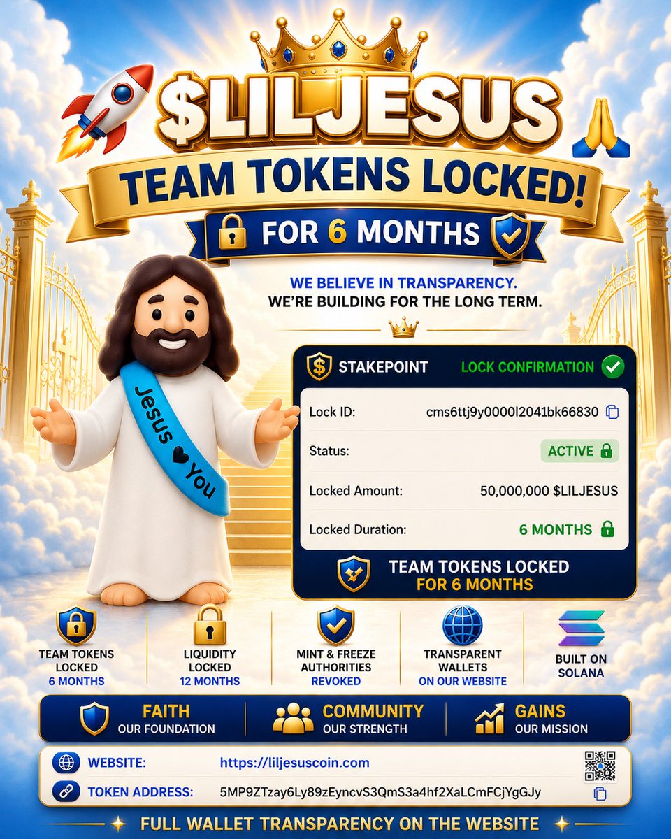 LilJesusCoin's tweet photo. 🔒 TEAM TOKENS OFFICIALLY LOCKED! 

Today we're proud to announce that the $LilJesus team tokens have been locked in for 6 months as another step in building a transparent, long-term project.

Proof: https://t.co/VYWJJ551DS

From day one, our mission has been simple:
🙏 Faith. 🤝 Community. 📈 Gains.

Our commitment to the community continues with: ✅ Team Tokens Locked (50% for 6 Months) ✅ Liquidity Locked (12 Months) ✅ Mint & Freeze Authorities Revoked ✅ Transparent Wallets Available on Our Website

We're not here for quick hype—we're here to build a community rooted in trust, transparency, and long-term growth.
Thank you to everyone who has joined the flock. This is just the beginning.

🌐 Website: https://t.co/wKwZjLu0Ly

📍 Token Address 5MP9ZTzay6Ly89zEyncvS3QmS3a4hf2XaLCmFCjYgGJy

Hold Faith. Hold $LilJesus. 👑🙏

#LilJesus #FaithCommunityGains #Solana #Crypto #Memecoin #Web3 #CryptoCommunity #Transparency #BuildInPublic