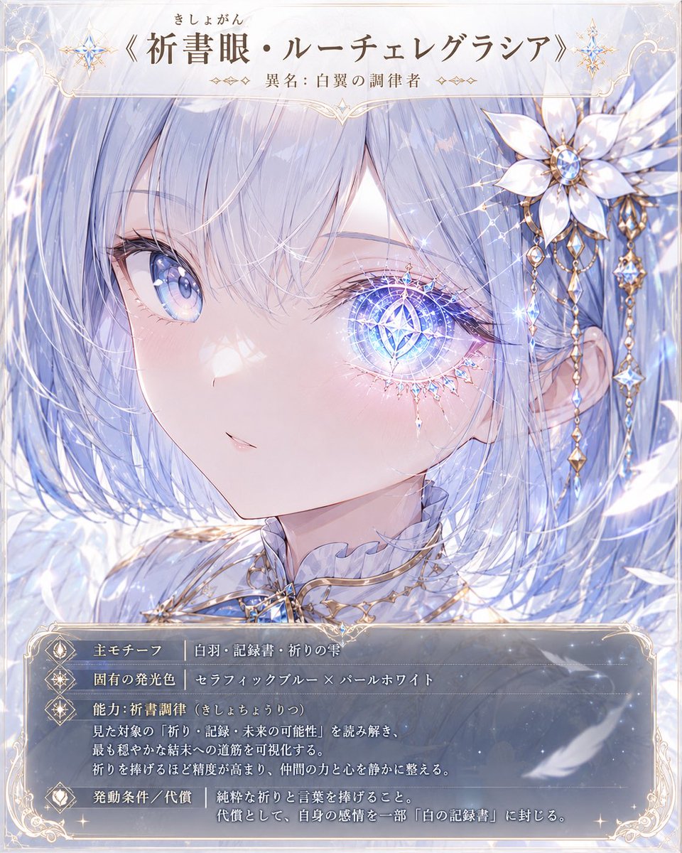 MirielleArmonia's tweet photo. 【魔眼イラスト用プロンプト配布👁️✨】

キャラクター画像を添付すると、その子の特徴や世界観に合わせた
完全オリジナルの魔眼を作れるプロンプトを用意しました！

魔眼の名前や能力、発動条件まで、その子だけの設定を考えてくれます✨

自分のキャラクターにどんな魔眼が生まれるのか、ぜひ試してみてください！

プロンプトはリプ欄に載せています📌
ご自由にお使いください！

#ミリエルプロンプト配布
#AIイラスト
