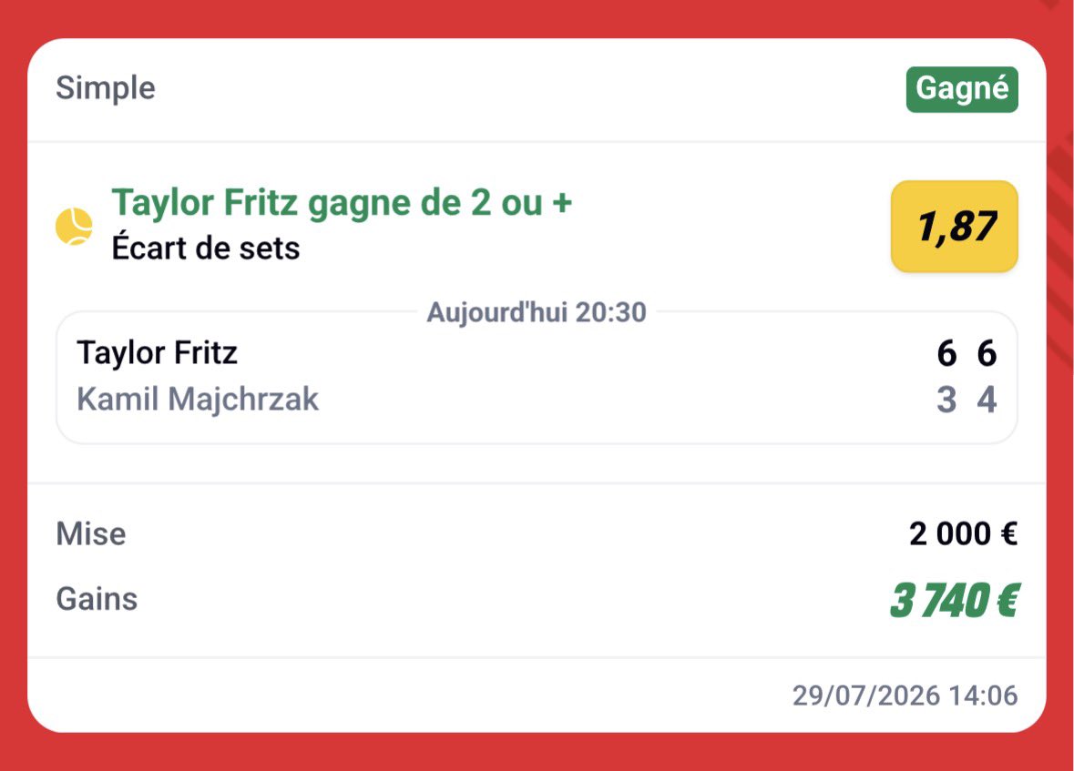 YAYA__PRONOS_'s tweet photo. SAFE TENNIS 🎾 

FRITZ GAGNE 2 SETS À 0
✅✅✅

COTE : 1.90 📊

BANKROLL : 2.00 ⭐️⭐️

CONFIANCE : 60 % 💪🏻

#teamparieur #pronos #betify #betclic #football  #winamax #crypto #trump  #argent #trading #money #tennis #atp #viral #pourtoi https://t.co/knUZ1qcx70