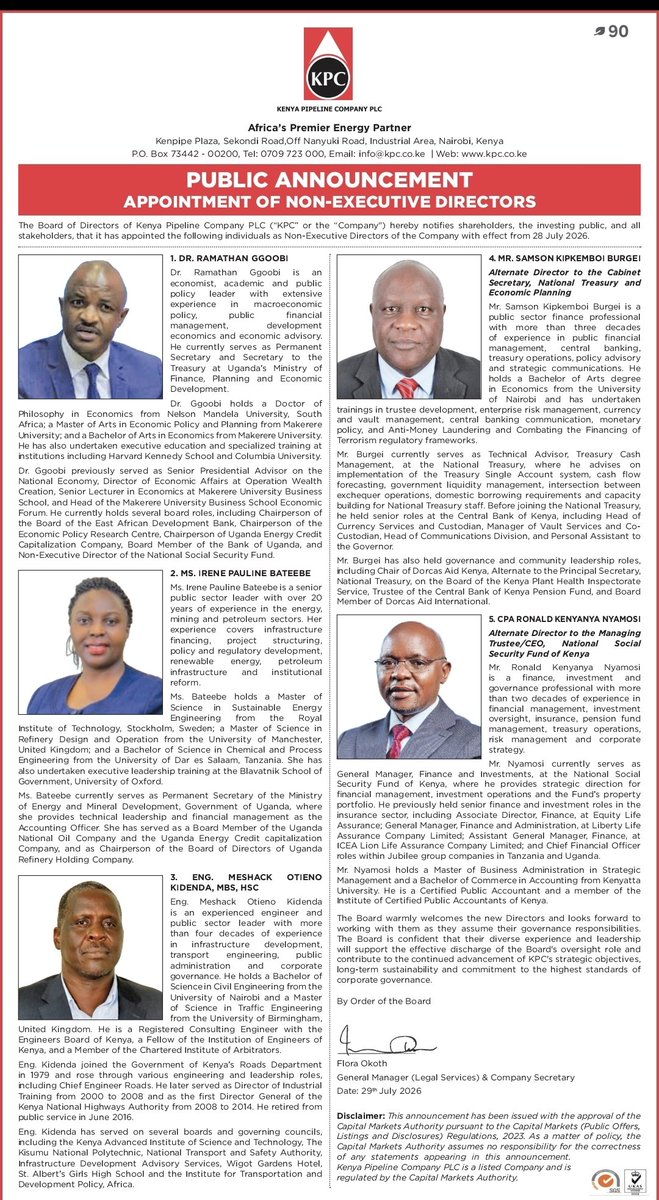 MEMD_Uganda's tweet photo. Congratulations to @irenebateebe , Permanent Secretary, Ministry of Energy and Mineral Development; and @ngobi_ramathan , Permanent Secretary and Secretary to the Treasury, on your appointment as Non-Executive Directors of the Kenya Pipeline Company (KPC) PLC https://t.co/kCPa7aJhtA