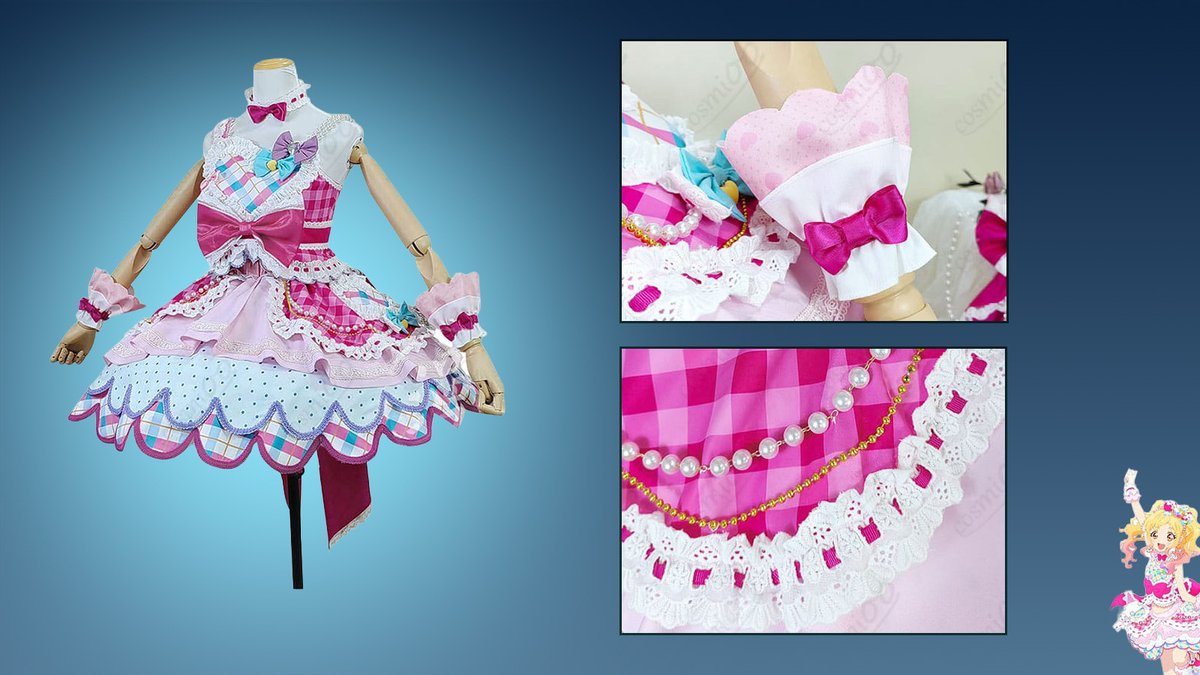getcosclt8's tweet photo. ステージへ向かう瞬間、ふわっと広がるスカートに気分も高まる🎀

虹野ゆめらしい明るさを、ピンク×水色のチェックや重なりのあるレースで丁寧に表現しました。リボンやパール調の装飾も写真に映え、アイドルらしい華やかなシルエットを楽しめます✨

#虹野ゆめ #アイカツスターズ #コスプレ衣装 https://t.co/GiW2WvwVU4