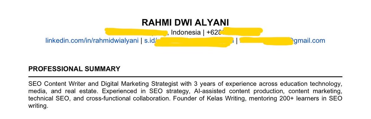 kelas_writing's tweet photo. Summary di CV tujuannya supaya recruiter bisa mengenal kamu hanya dalam beberapa detik:

• niche bidang kamu
• pengalaman & skill yg paling relevan
• value yang kamu bawa (hardskill dan softskill utama)
• kalau bisa sertakan highlight angka dari hasil kerja utama/value yg km punya

Aku pernah bikin thread bedah CV di sini⬇️🧵 Good luck!