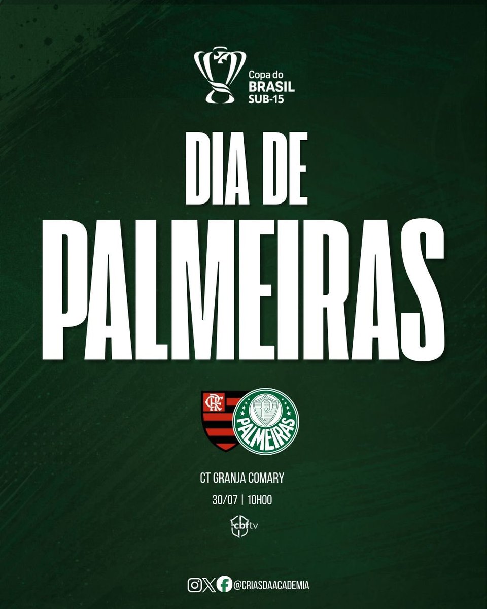 CriasDaAcademia's tweet photo. PALMEIRAS EM DOBRO! 🐷

⚽ Flamengo x Palmeiras
🏆 Copa do Brasil Sub-15 | Semifinal
🏟 CT Granja Comary
⏰ 10h00
📺 CBF TV (YouTube)

#AvantiPalestra #FLAxPAL
#CriasDaAcademia https://t.co/jrPksQMVw4
