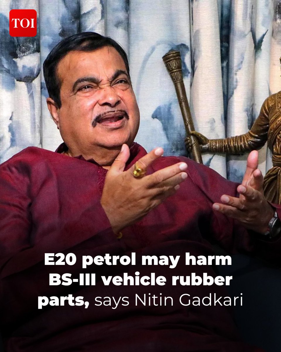 timesofindia's tweet photo. Road transport minister #NitinGadkari informed #RajyaSabha Wednesday BS-III vehicles, manufactured between 2005 and 2016, may require replacement of some rubber parts and gaskets when run on #E20 #petrol, while adding studies have found no major impact of the blended fuel on overall #vehicle performance.

In a reply to a question, #Gadkari said studies conducted by IOCL, Indian Institute of #Petroleum, Society of Indian #Automobile Manufacturers and Automotive Research Association of India (ARAI) found BS-VI vehicles continued to meet emission norms when tested with E20 #fuel.

For more details 🔗  https://t.co/6lVsMK1fYz

Dive deeper into the story with the TOI App 👉 https://t.co/ogFaRsVinV