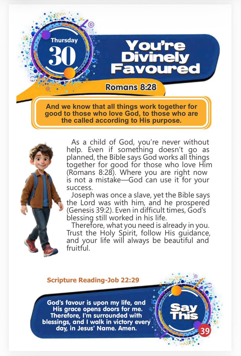 SaintSeyiB's tweet photo. You're Divinely Favoured
 
📖Romans 8:28 
And we know that all things work together for good to those who love God, to those who are the called according to His purpose.
 
As a child of God, you're never without help. Even if something doesn't go as planned, the Bible says God works all things together for good for those who love Him (Romans 8:28). Where you are right now is not a mistake-God can use it for your success.
 
Joseph was once a slave, yet the Bible says the Lord was with him, and he prospered (Genesis 39:2). Even in difficult times, God's blessing still worked in his life.
 
Therefore, what you need is already in you. Trust the Holy Spirit, follow His guidance, and your life will always be beautiful and fruitful.
 
📚Scripture Reading-
 Job 22:29 (KJV)
When men are cast down, then thou shalt say, There is lifting up; and he shall save the humble person.

Say This
God's favour is upon my life, and His grace opens doors for me. Therefore, I'm surrounded with blessings, and I walk in victory every day, in Jesus'Name. Amen.

#RORER 
#RhapsodyJuly30