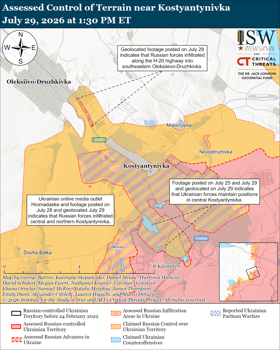 TheStudyofWar's tweet photo. NEW: Russia’s superior aviation capabilities are allowing Russia to use glide bomb strikes to enable infantry advances in and near Kostyantynivka. (1/2)

Other Key Takeaways:

Efforts to degrade Russian aviation capabilities likely will deprive Russian forces of an important tactical advantage and help further reduce the tempo of Russian advances.

The situation in and near Kostyantynivka is deteriorating, but Russian forces have not seized the city despite Russian claims. Fighting will likely continue for several weeks as Russian forces try to consolidate the positions they have gained through infiltrations.

The Kremlin denied that Russia is preparing for mobilization, likely to assuage growing public concerns and possibly signal Russian President Vladimir Putin’s desire to continue volunteer recruitment over compulsory reserve call-ups for as long as possible.

Russia is not on track to meet its annual recruitment target for 2026.

The Kremlin continues setting conditions to block Telegram and deny the open internet in Russia, possibly in preparation for compulsory military mobilization.

Russia launched 60 drones against Ukraine overnight.

Ukrainian forces continued their long-range strike campaign against Russian energy and industrial infrastructure on July 28 and 29.

Russian forces recently advanced in the Velykyi Burluk and Slovyansk directions.