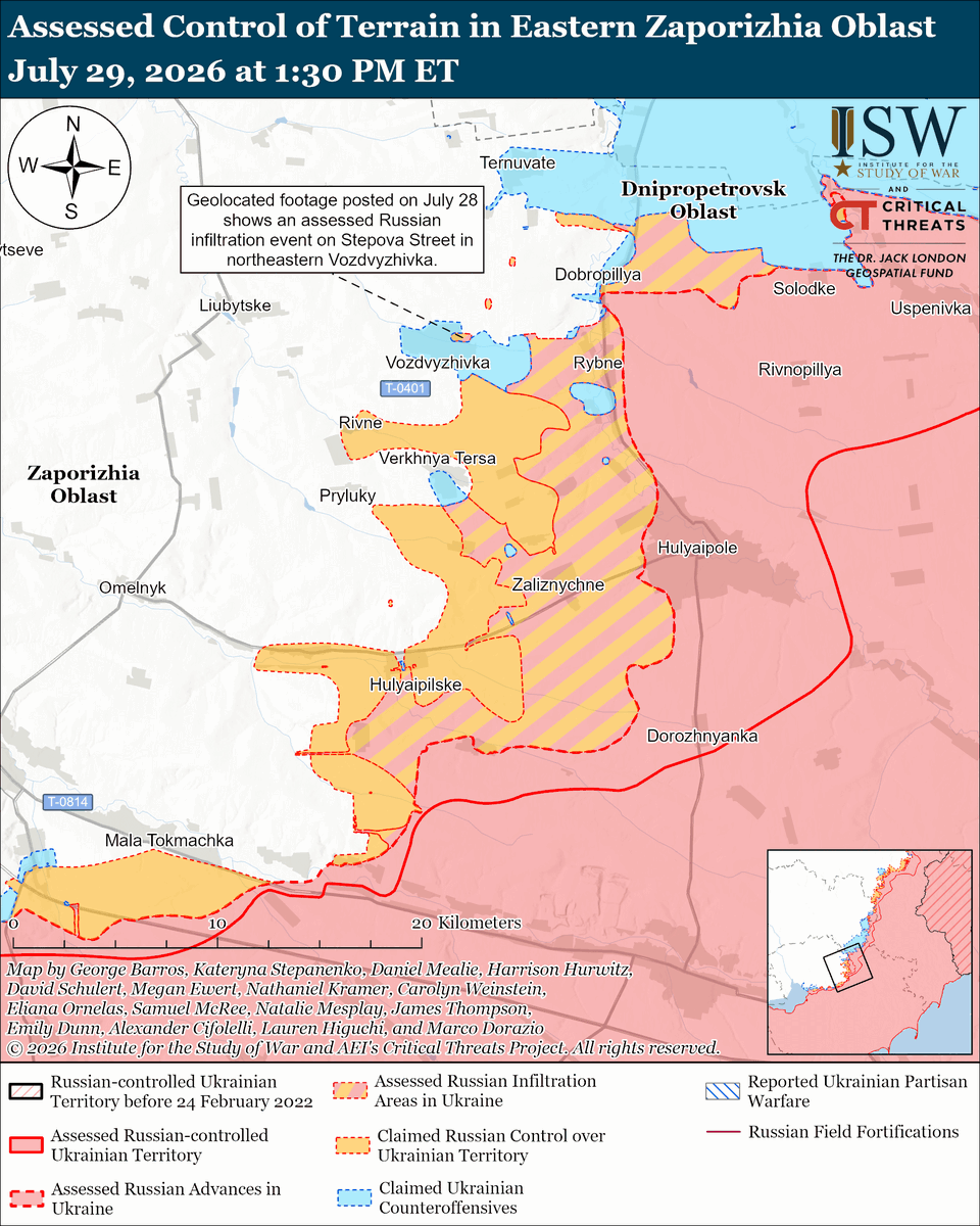 TheStudyofWar's tweet photo. NEW: Russia’s superior aviation capabilities are allowing Russia to use glide bomb strikes to enable infantry advances in and near Kostyantynivka. (1/2)

Other Key Takeaways:

Efforts to degrade Russian aviation capabilities likely will deprive Russian forces of an important tactical advantage and help further reduce the tempo of Russian advances.

The situation in and near Kostyantynivka is deteriorating, but Russian forces have not seized the city despite Russian claims. Fighting will likely continue for several weeks as Russian forces try to consolidate the positions they have gained through infiltrations.

The Kremlin denied that Russia is preparing for mobilization, likely to assuage growing public concerns and possibly signal Russian President Vladimir Putin’s desire to continue volunteer recruitment over compulsory reserve call-ups for as long as possible.

Russia is not on track to meet its annual recruitment target for 2026.

The Kremlin continues setting conditions to block Telegram and deny the open internet in Russia, possibly in preparation for compulsory military mobilization.

Russia launched 60 drones against Ukraine overnight.

Ukrainian forces continued their long-range strike campaign against Russian energy and industrial infrastructure on July 28 and 29.

Russian forces recently advanced in the Velykyi Burluk and Slovyansk directions.