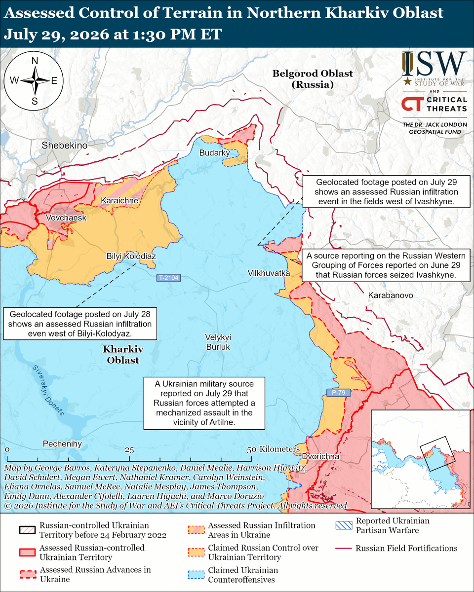 TheStudyofWar's tweet photo. NEW: Russia’s superior aviation capabilities are allowing Russia to use glide bomb strikes to enable infantry advances in and near Kostyantynivka. (1/2)

Other Key Takeaways:

Efforts to degrade Russian aviation capabilities likely will deprive Russian forces of an important tactical advantage and help further reduce the tempo of Russian advances.

The situation in and near Kostyantynivka is deteriorating, but Russian forces have not seized the city despite Russian claims. Fighting will likely continue for several weeks as Russian forces try to consolidate the positions they have gained through infiltrations.

The Kremlin denied that Russia is preparing for mobilization, likely to assuage growing public concerns and possibly signal Russian President Vladimir Putin’s desire to continue volunteer recruitment over compulsory reserve call-ups for as long as possible.

Russia is not on track to meet its annual recruitment target for 2026.

The Kremlin continues setting conditions to block Telegram and deny the open internet in Russia, possibly in preparation for compulsory military mobilization.

Russia launched 60 drones against Ukraine overnight.

Ukrainian forces continued their long-range strike campaign against Russian energy and industrial infrastructure on July 28 and 29.

Russian forces recently advanced in the Velykyi Burluk and Slovyansk directions.