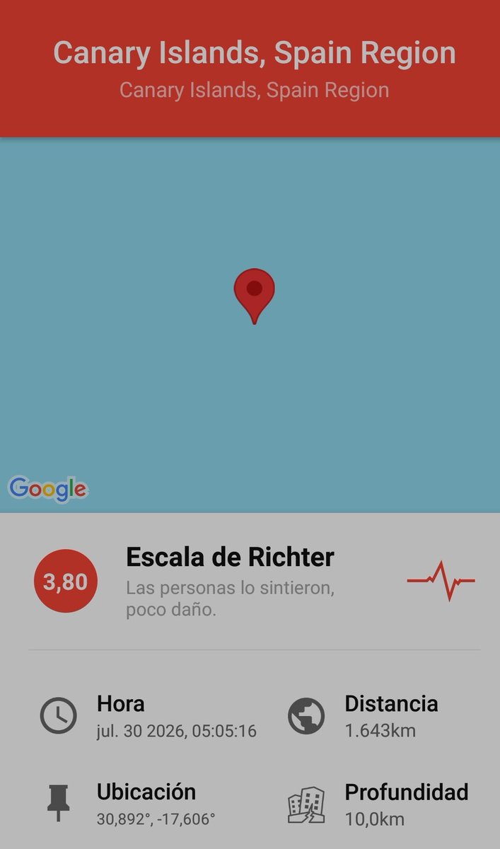EnsancheMeteo's tweet photo. Ocurrió un terremoto 3.8 cerca de Canary Islands, Spain Region..
Day 30 julio
⌚5:10 𝚑.
#terremoto #earthquake #tremblement #terramoto #QuakeSpain https://t.co/4bZamaB6AQ