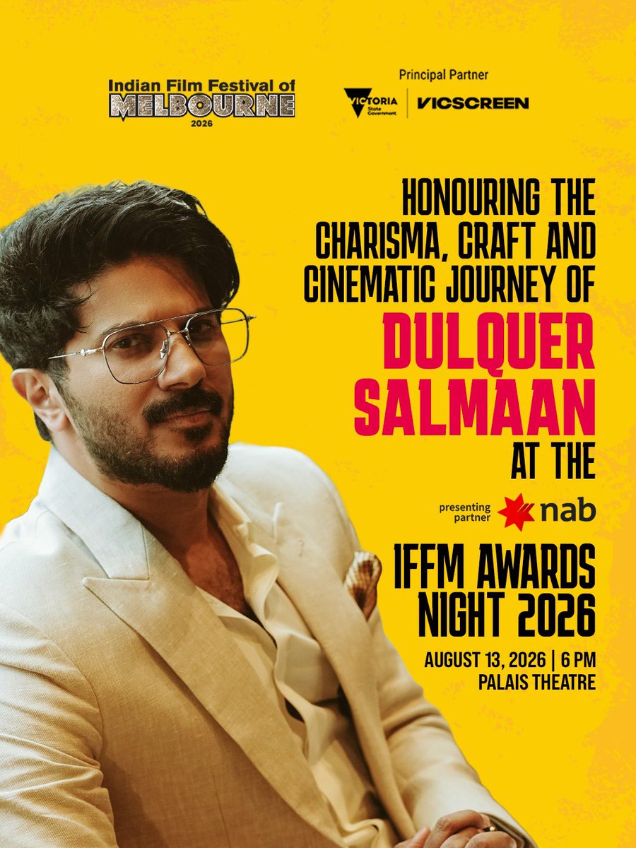 IFFMelb's tweet photo. One of India’s most celebrated and versatile stars, Dulquer Salmaan has won hearts with unforgettable performances across Malayalam, Tamil, Telugu and Hindi cinema. 

Join us as we honour his remarkable cinematic journey at the NAB IFFM Awards Night 2026. https://t.co/HW4pmiSsYC